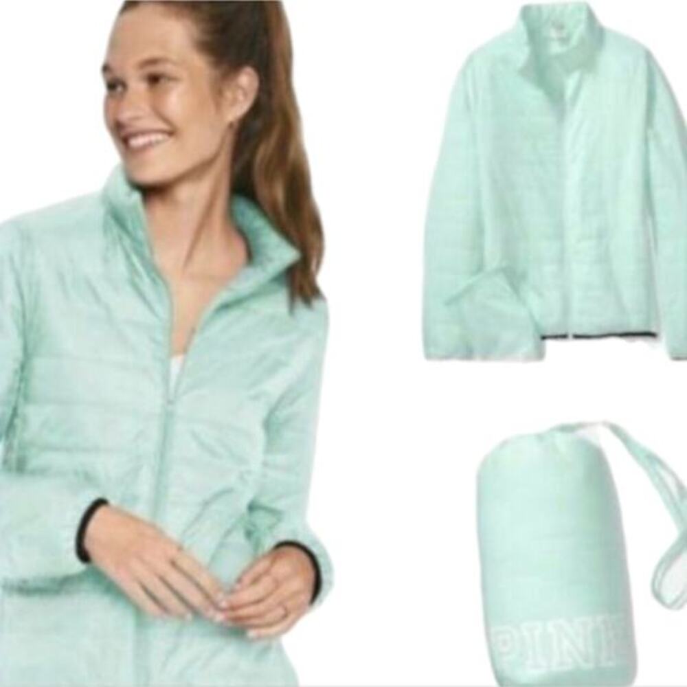 PINK Victoria's Secret Packable Puffer Jacket Mint Green Lightweight Full Zip
